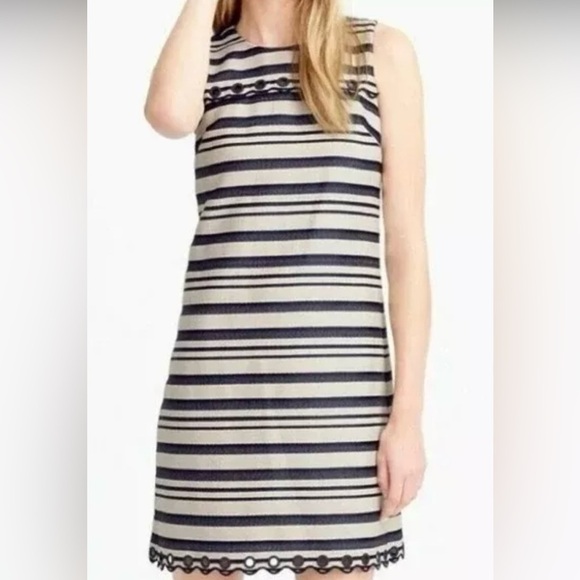 J. Crew | Striped | Scalloped | Shift Dress | Grommets | Navy & Beige | Size 4 - Picture 1 of 7